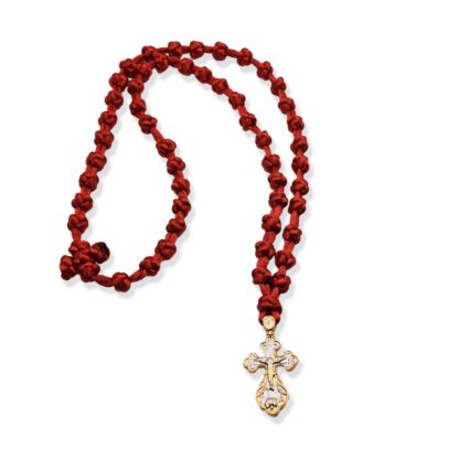 Ceramic Red Prayer Rope with Silver-Plated Cross – 50 Thick Knots – Mount Athos