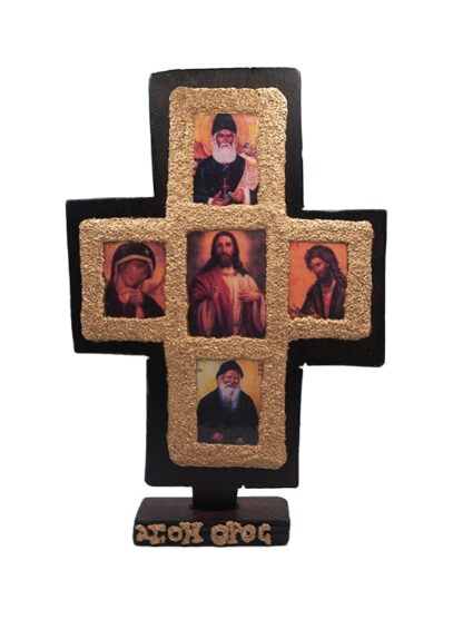 Wooden Tabletop Cross - Jesus Christ, the Virgin Mary, Saint Porphyrios, Saint Paisios & Saint John the Forerunner - Mount Athos