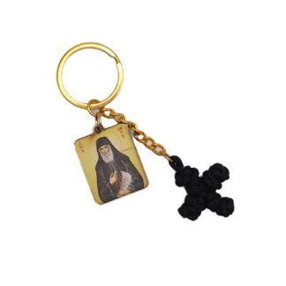 Keychain with a Knitted Cross & Wooden Element featuring Saint Paisios – Mount Athos