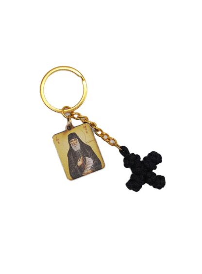 Keychain with a Knitted Cross & Wooden Element featuring Saint Paisios – Mount Athos